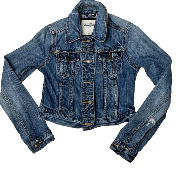 Abercrombie & Fitch Girls Denim Trucker Jacket Youth Large Blue Medium Wash - Picture 1 of 15